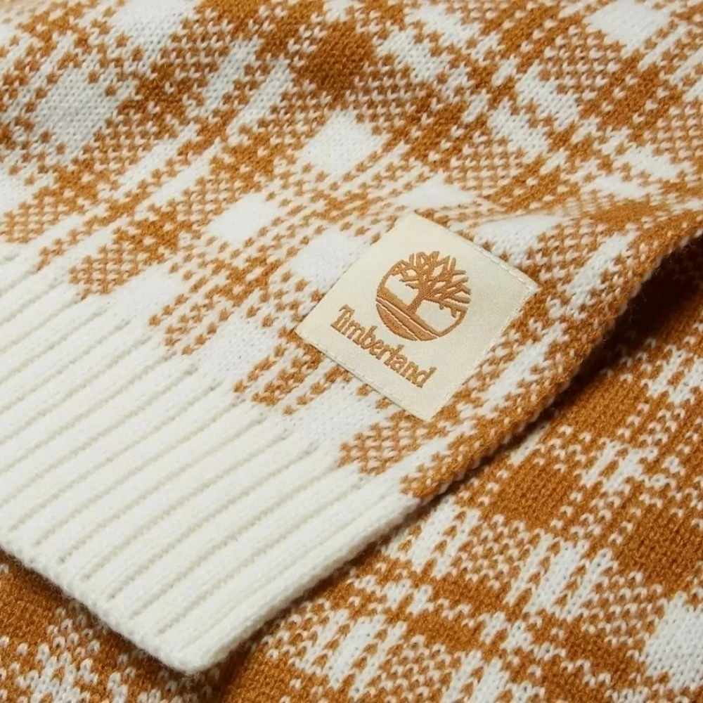 Timberland Wheat Mustard Yellow White Plaid Knit Acrylic Scarf Unisex
